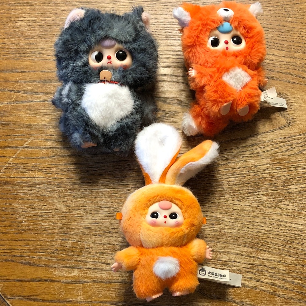 Plush Small Pet Toy - Orange & Gray Furry Bunny and Animal Friends baby three